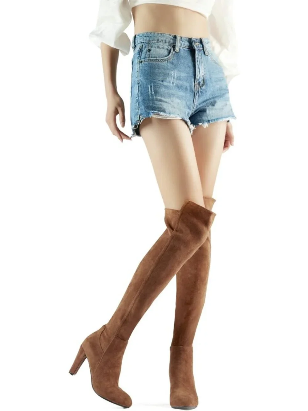 Women's Dark Brown Faux Suede Chunky Heel Stretch Over The Knee Thigh High Boots